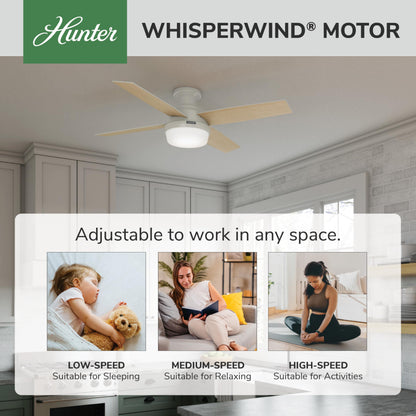 Hunter 52 inch Indoor Ceiling Fan with LED Light and Remote Control - White Modern Ceiling Fan, Low Profile Mount, 4 Blades, For Bedroom, Living Room, or Kitchen, Quiet - Dempsey 59242, Fresh White