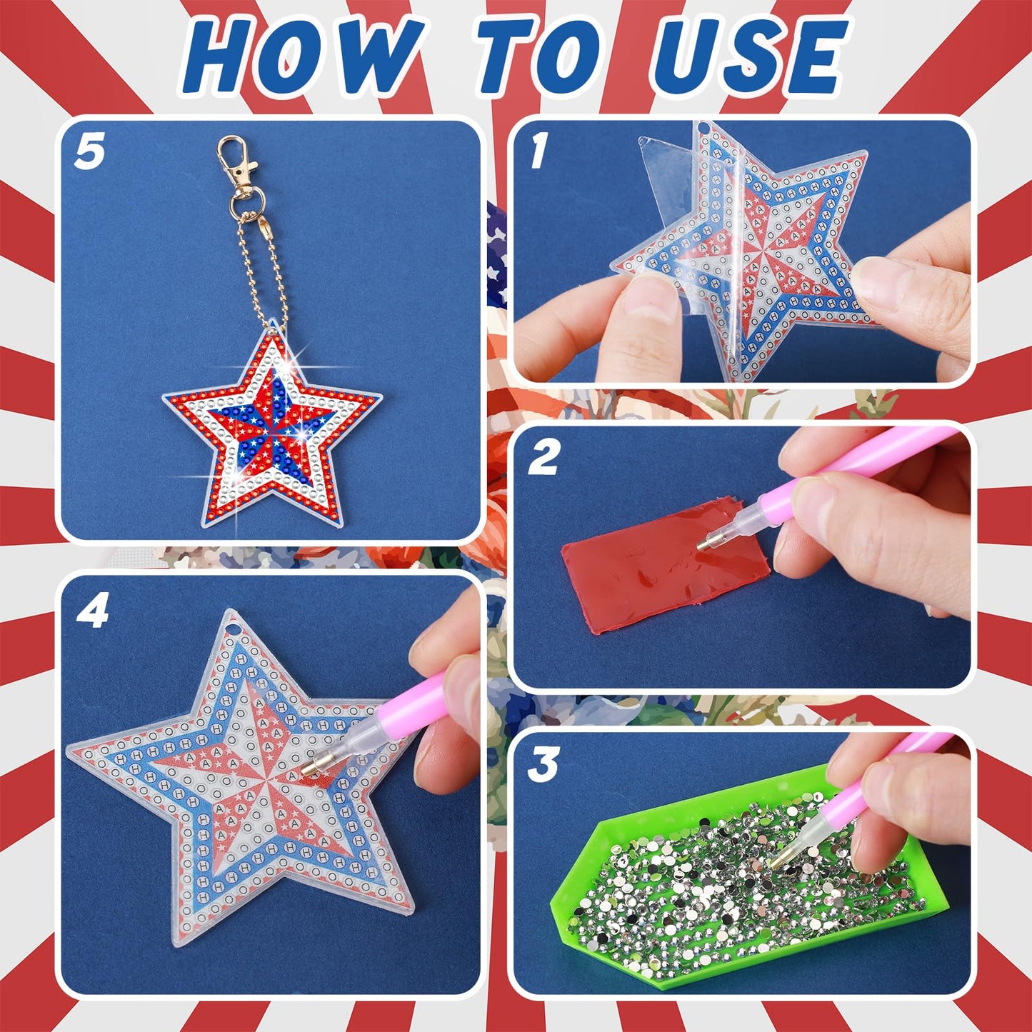BBTO 15 Pcs 4th of July Star Diamond Art Keychains Patriotic Star Ornaments 250th Anniversary Memorial Day Painting Keychains Red White Blue Independence Day Diamond Art Kits for Kids Adults Crafts