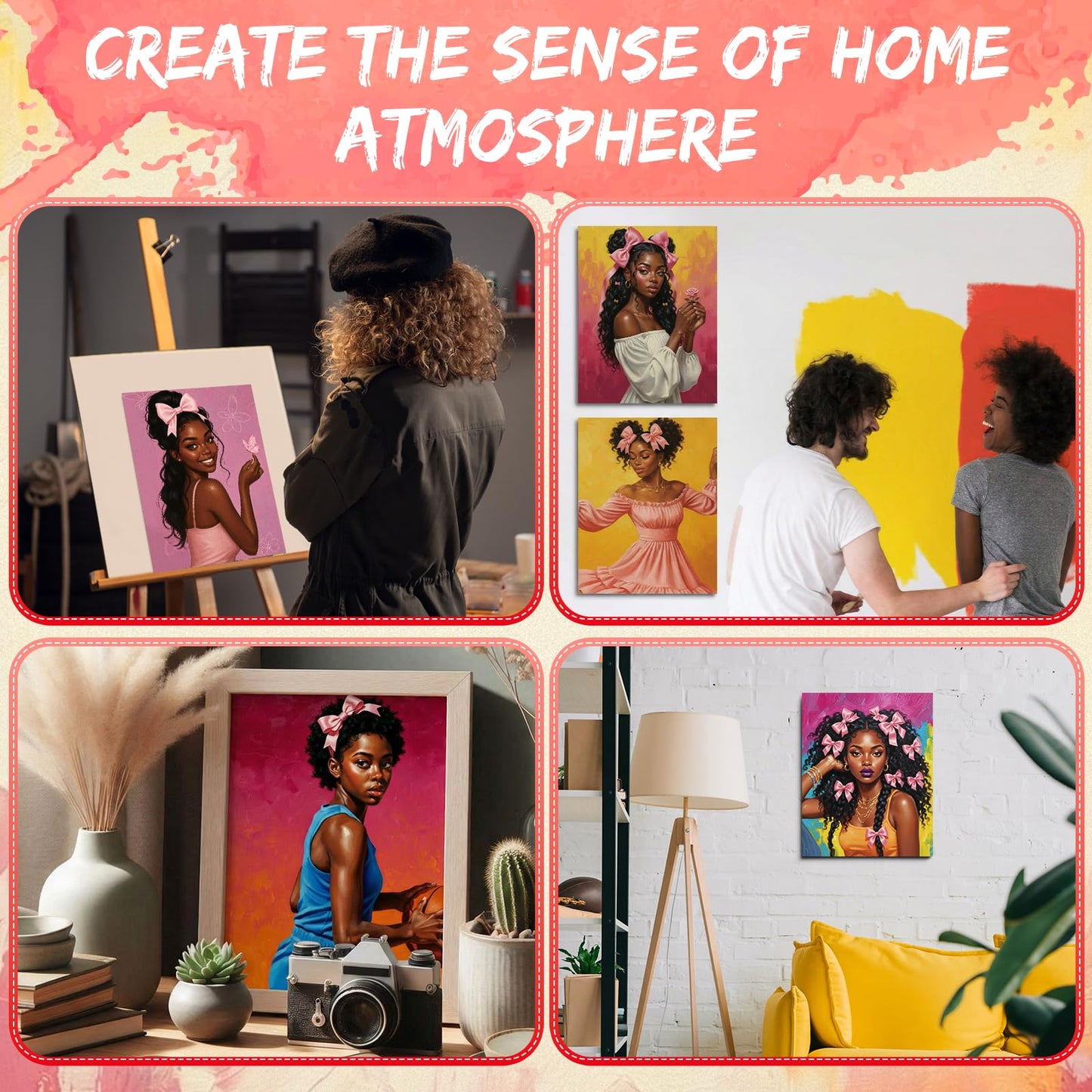 Sherr 108 Pcs 12 Set Black Girl Sip and Paint Kit for Adults 8''x10'' Pre Drawn Canvas to Paint DIY Acrylic Painting Kit Pre Printed Canvas for Date Night Mother's Day Party Team Building