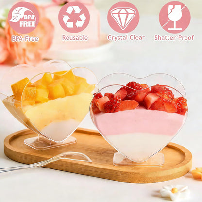 Qeirudu 100 Pack 2.7 oz Heart Shaped Mini Dessert Cups with Spoons, Small Clear Parfait Cups, Plastic Party Serving Cups for Mousses, Puddings, Fruits