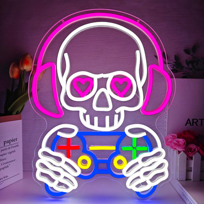 hhuohuona Skull Game Neon Sign Gaming Light Up Sign Dimmbale Skull Led Signs Skeleton Gamer Neon Lights for Man Cave Game Room Decor Gifts for Gamers Boys