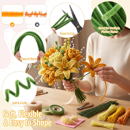 Rivvlive Pipe Cleaner Flower Kit, 1500 Pcs Pipe Cleaners Craft Chenille Stems Bulk with Floral Wires DIY Bouquets Gardening Tape Stamen Ribbon Beads for Art Craft Supplies Gift (Yellow Set)