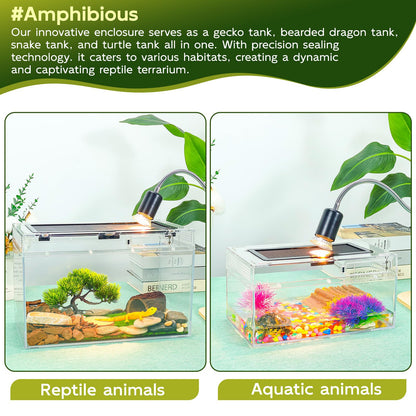 BINANO 12.5''×6''×7'' Reptile Tank Kit with Heat Lamp, Spray Bottle, Shovel, Tweezers, Food Bowl, Hideout -Perfect for Geckos, Snakes, Lizards, Turtles, Jumping Spider,Milk Frog,Hermit Crabs