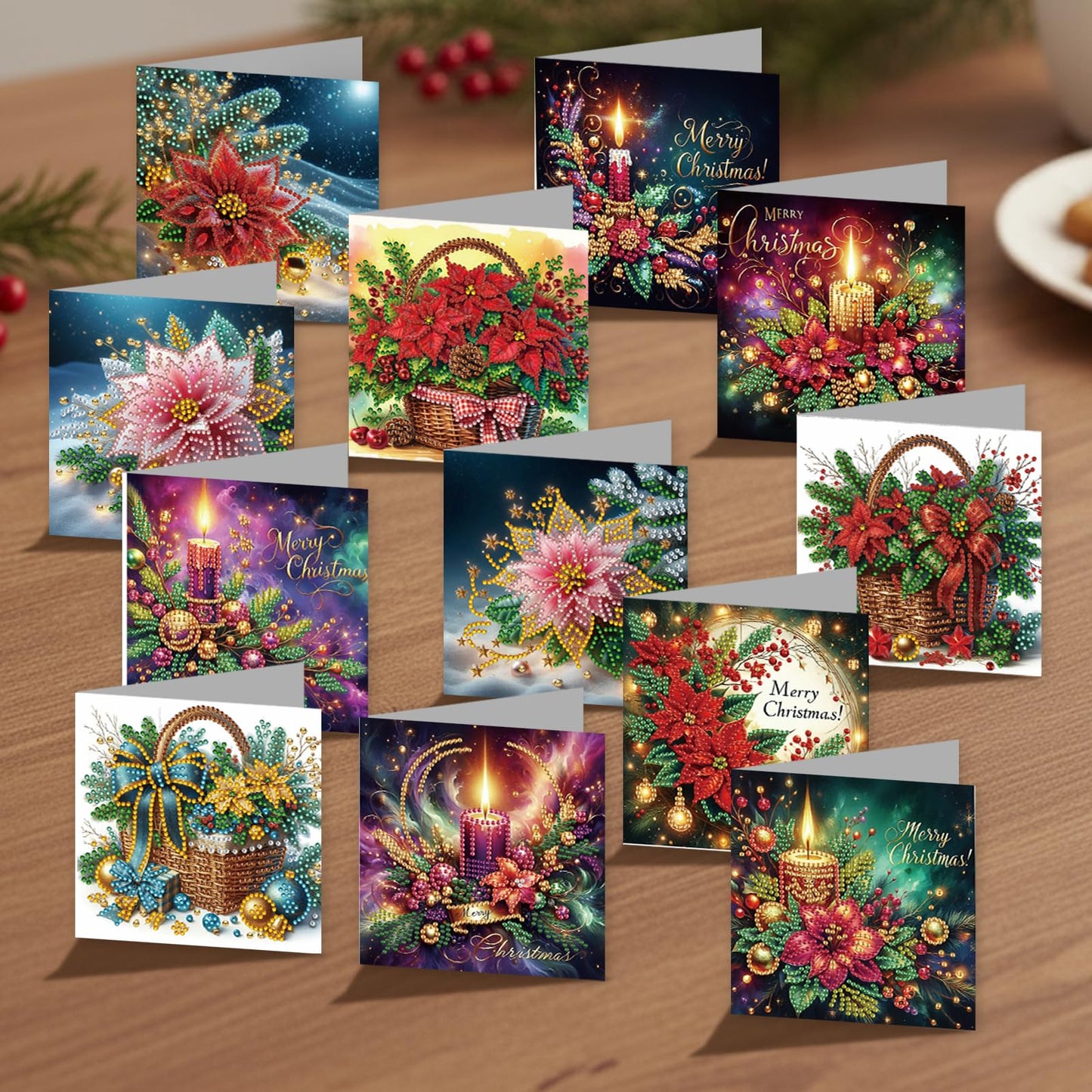 C'eitura 12 Pack Poinsettia Diamond Art Greeting Cards with Envelopes - 5D DIY Diamond Painting Card Kit for Christmas, Birthday, Mother's Day - Handmade All Occasion Stationery Gifts for Adults Beginner