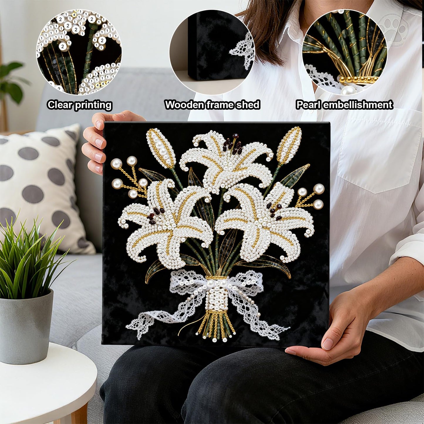 ARTopet DIY Pearl Painting Kit with Frame Gemstone Pearl Diamond Dots Beads Canvas Art Craft for Adults Beginners Display for Tabletop and Wall Mounting Home Decor-Lily