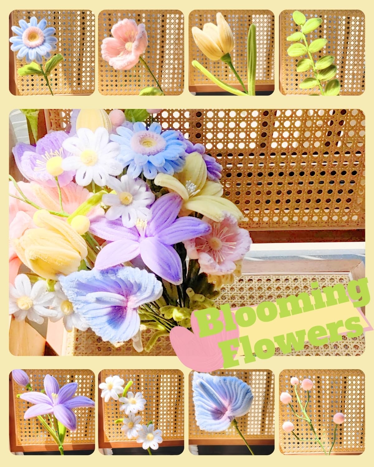 YYUENGTAK 500 Pcs Pipe Cleaner Flower kit with tutoria,Pipe Cleaners Craft(6 Colors)，Chenille Stems Flowers Craft kit with 20 pcs Green Floral Wires,Gardening Tape,Stamen(2 Colors),Pearl Beads,pompoms