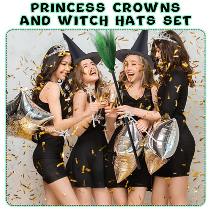 Yoloodayy 24 Pcs Witch Hats Brooms and Princess Crowns Star Wands Set Glitter Princess Accessories for Adults Witch Party Supplies Christmas Pink Green Party Decor Photo Props