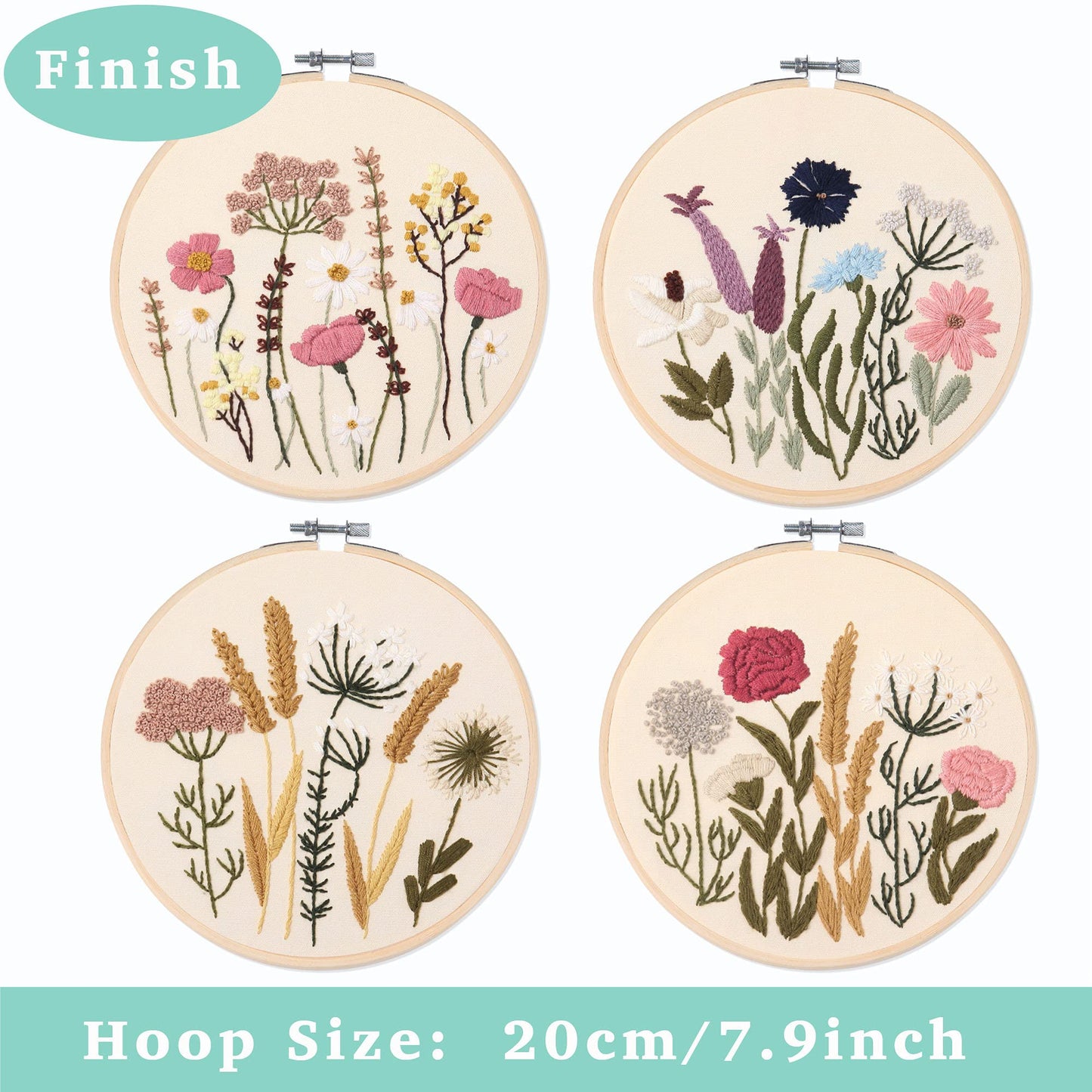 REEWISLY Embroidery Kit for Beginners 4 Sets, Hand DIY Cross Stitch Kits,2 pcs Embroidery Hoop,4 pcs Plants Flowers Embroidery Patterns and Threads,Easy for The Embroidery Beginners to Learn…