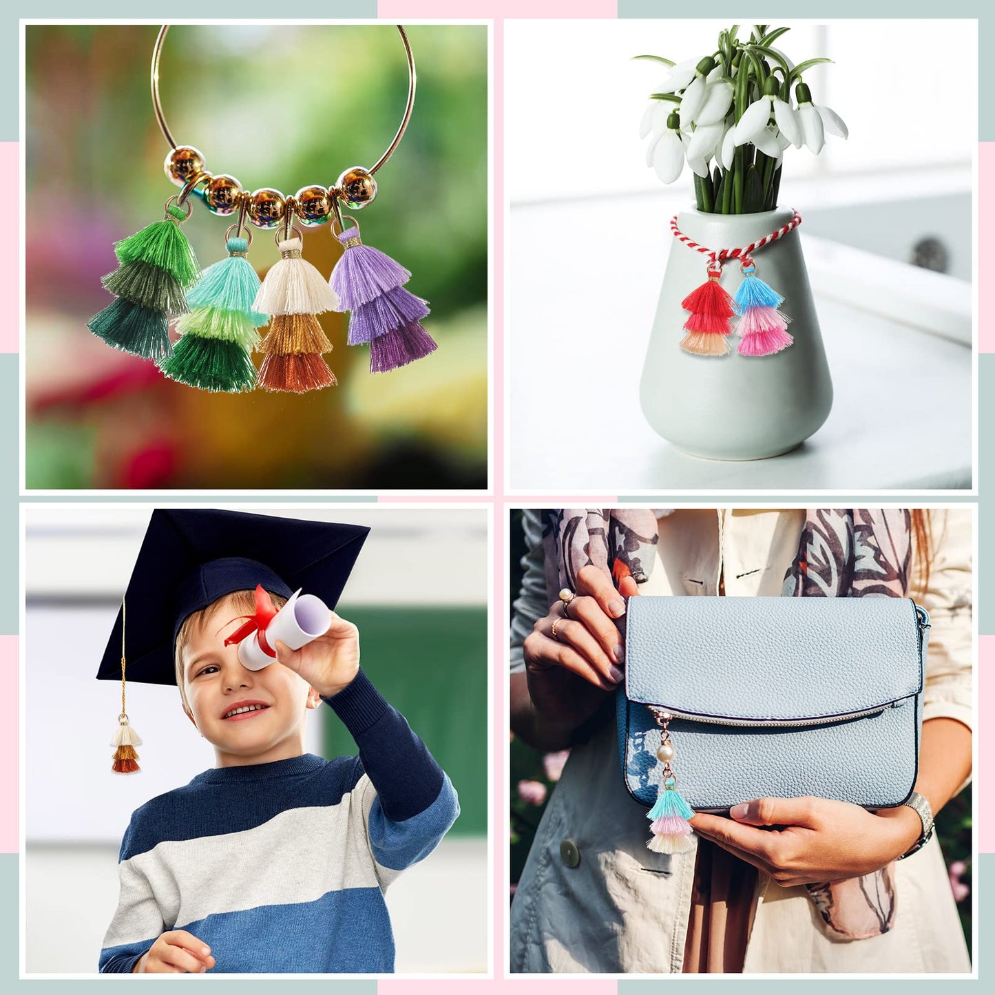 Dingion 100Pcs Tiny Tri Layered Keychain Tassels Mini Tassel Craft Jewelry Making Tassel for Earring Bookmark(Fresh Colors)