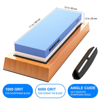 BABOSTOW Premium Whetstone Knife Sharpening Stone 2 Side Grit 1000/6000 Waterstone- Whetstone Knife Sharpener & Honing Stones - NonSlip Bamboo Base & Angle Guide
