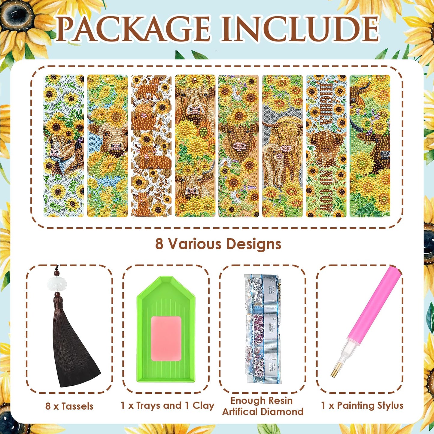 INCOK Diamond Painting Bookmarks Set - 8PCS Highland Cow 5D Diamond Art Bookmarks Kit with Tassel Sunflower Bookmarks Set for Highland Cow Lover Office Useful Project DIY Crafts Gifts Teacher