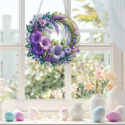 Eiflow Spring Diamond Art Hanging Kit for Adults, DIY Diamonds Painting Door Hanging Board Kit, Special Crystal Diamond Art Painting Pendant Ornament (Flower Wreath)