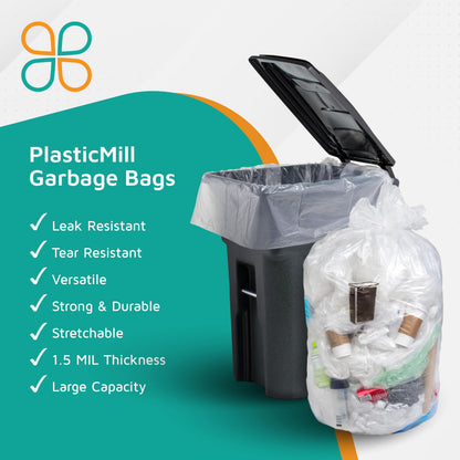 PlasticMill Heavy Duty Trash Bags - Clear Garbage Bags - Plastic Trash Bags for Large Rolling Trash Bins - Tall Trash Bags - 100-Gallon Large Kitchen Trash Bags, 1.3 Mil, 67"x79" (10-Count)