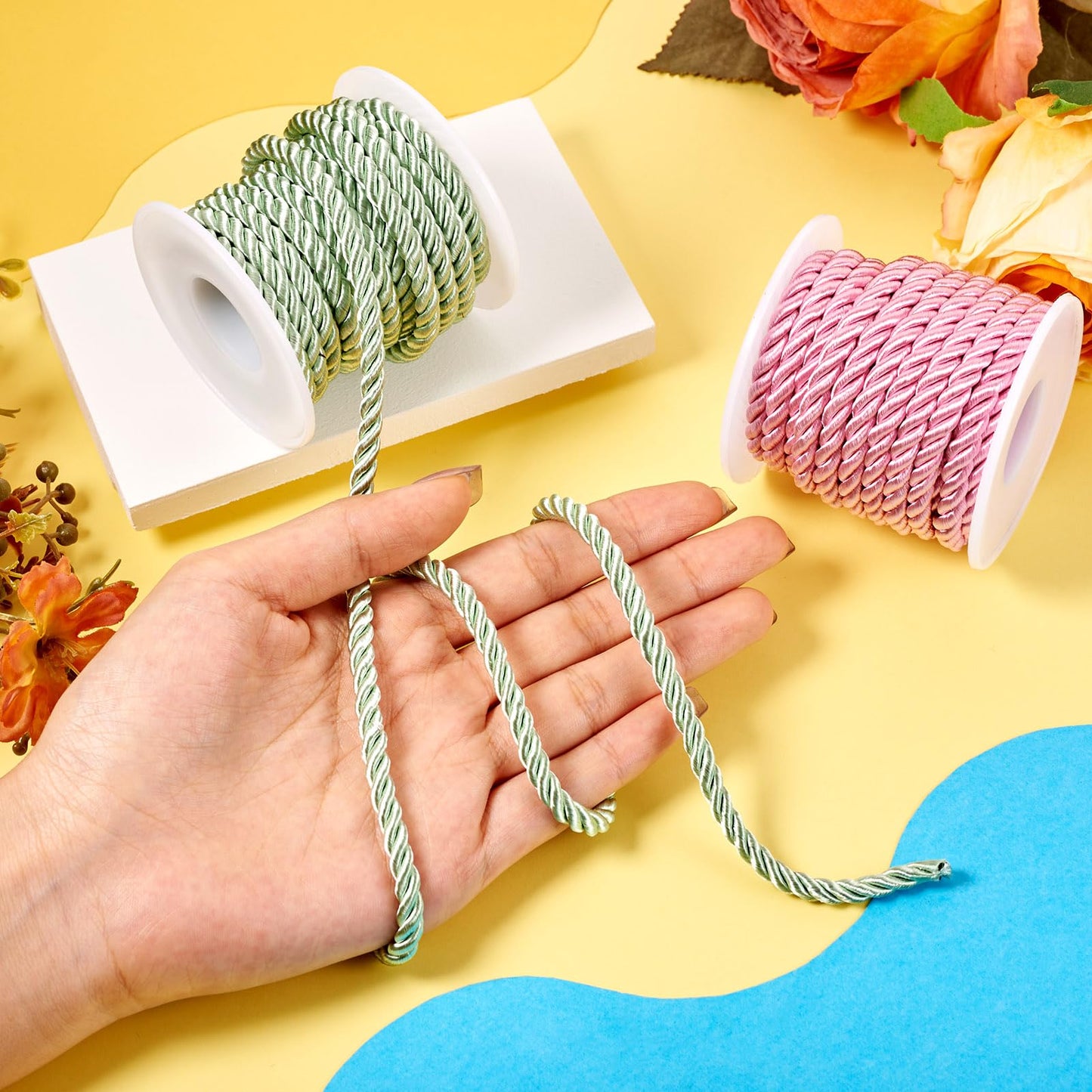 Bestewelry 8.74 Yard 5mm Polyester Twine Cord Pink Green Decorative Twisted Cord Shiny Silk Ropes for Christmas Party Home Decor Bag Drawstrings Costume Curtain Tieback Macrame Bracelet