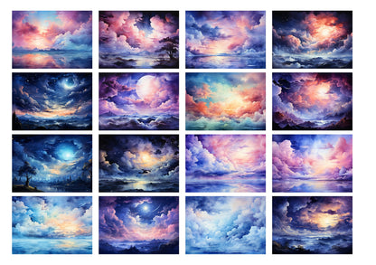 Decoupage Paper Pack (35 Sheets 6"x8") Stunning Sunsets and Night Skies Over Mountains and Oceans FLONZ Vintage Illustration Pictures Cards for Decoupage, Craft and Scrapbooking