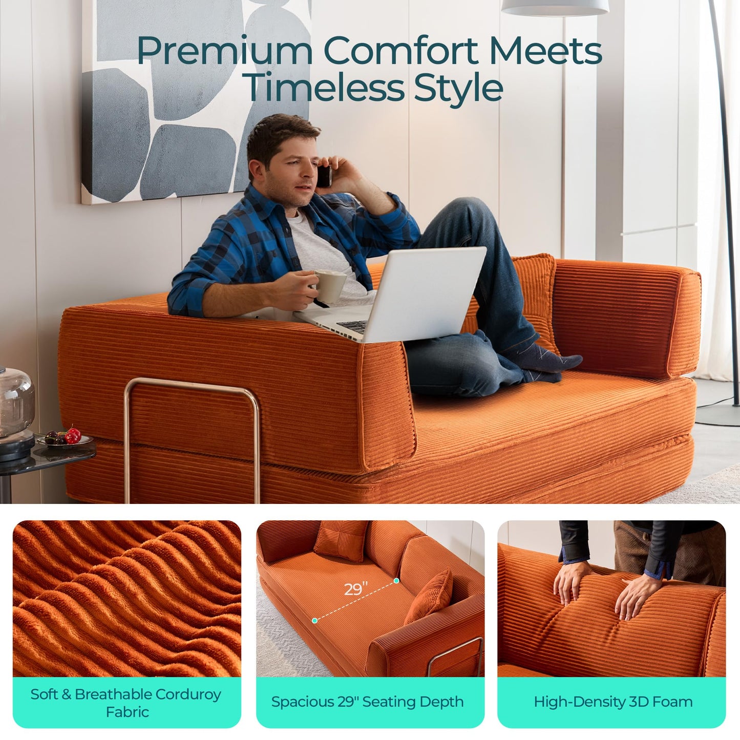 LINSY HOME Sofa Bed Couch - Convertible Boneless Couch Bed with 2 Pillow (Orange)