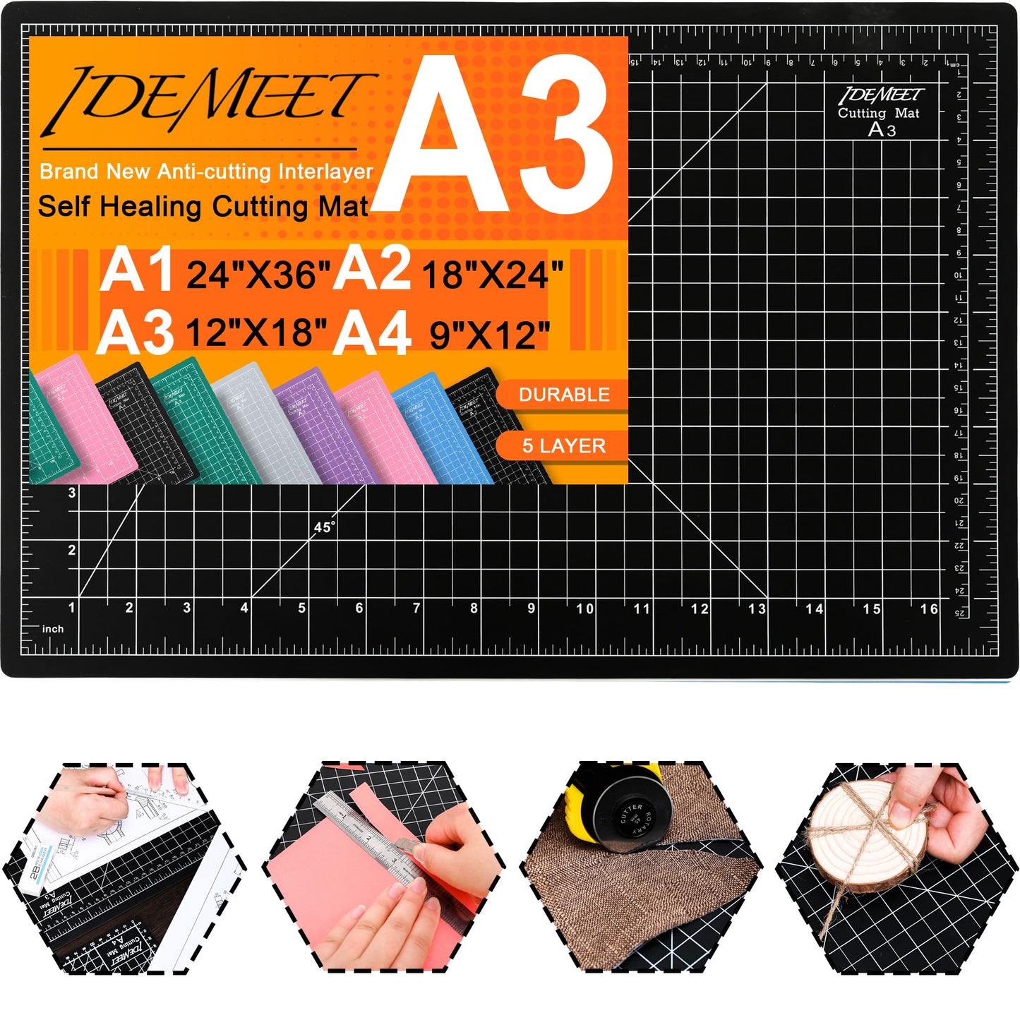 Density-upgraded 18"x12" Self Healing Cutting Mat, Idemeet Rotary Sewing Mat for Crafts, 5-Ply Blade Table Protector Cut Board for Fabric Leather Cutting Quilting Modeling Hobby Project, A3, Black