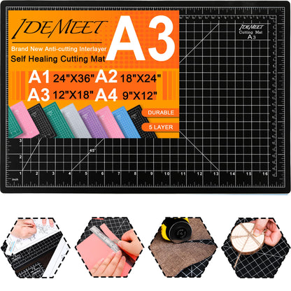 Density-upgraded 18"x12" Self Healing Cutting Mat, Idemeet Rotary Sewing Mat for Crafts, 5-Ply Blade Table Protector Cut Board for Fabric Leather Cutting Quilting Modeling Hobby Project, A3, Black