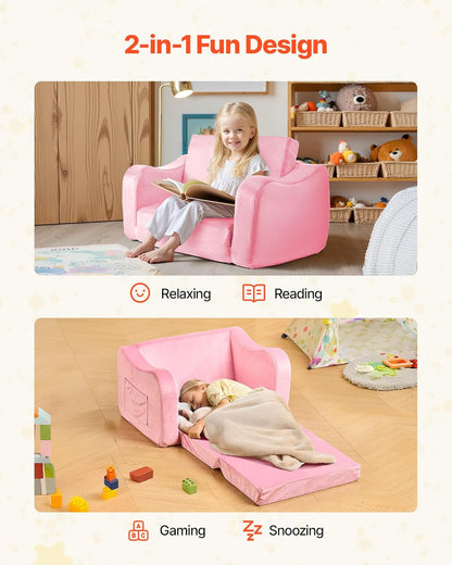 2-in-1 28D VEVOR Kids Sofa, Foldable Toddler Soft Couch with Armrests, Made of Sponge & Short Pile, Convertible Toddler