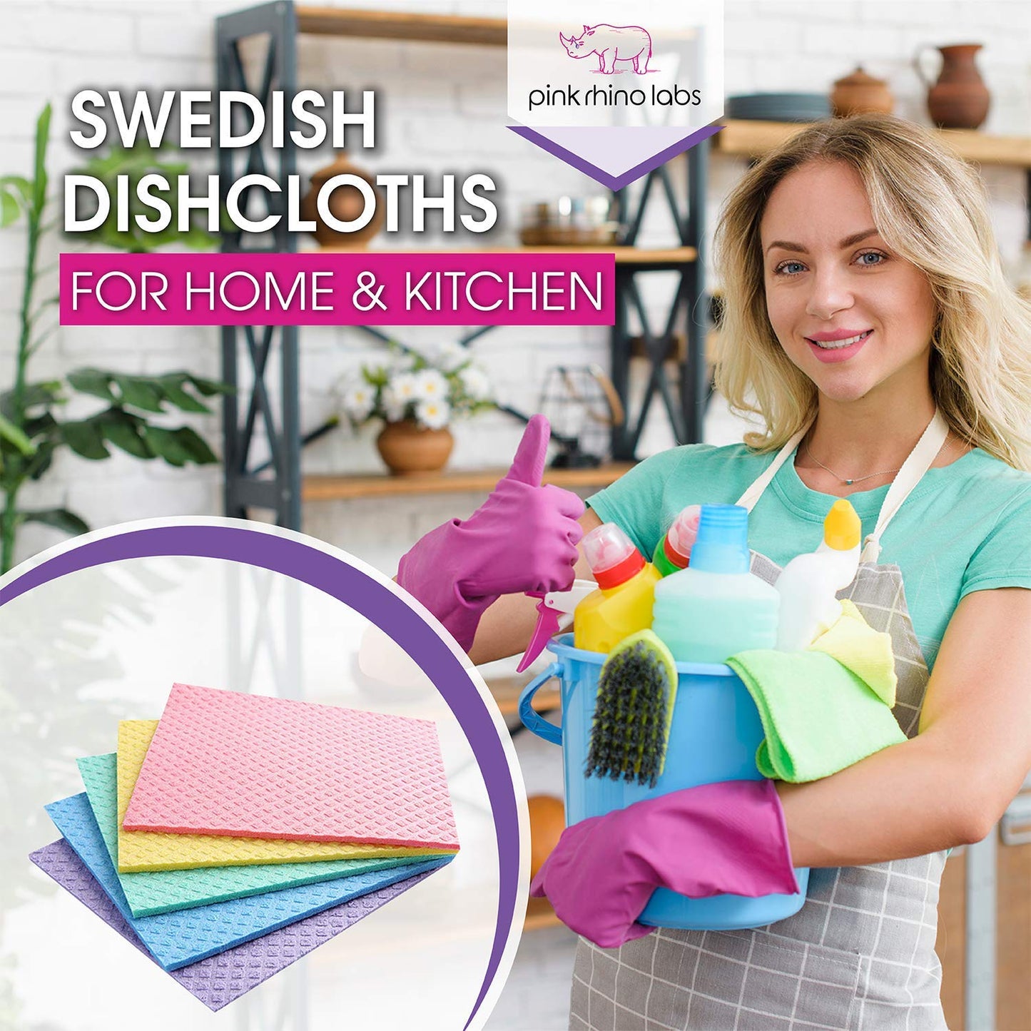 PINK RHINO LABS Swedish Dishcloths – Eco-Friendly Reusable Kitchen Towels – 10 Pack Cleaning Cloths for Dishes, Counters & Surfaces – Super Absorbent, Compostable, Zero-Waste Alternative