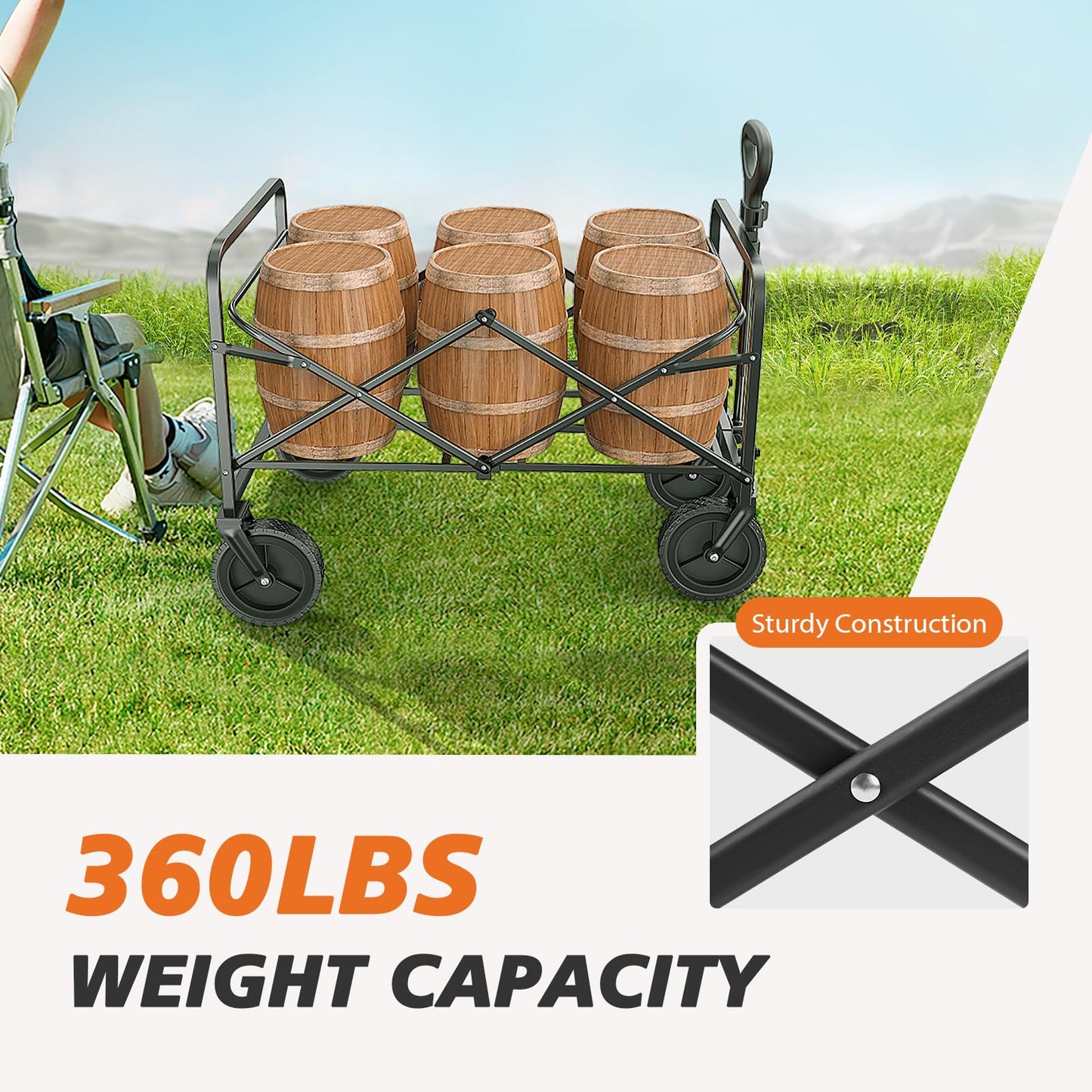 Sweetcrispy Collapsible Foldable Wagon Cart, Large Capacity Garden Beach Cart with All-Terrain Wheels, Heavy Duty Utility Grocery Wagon with Drink Holders for Shopping Sports Camping, Large Black