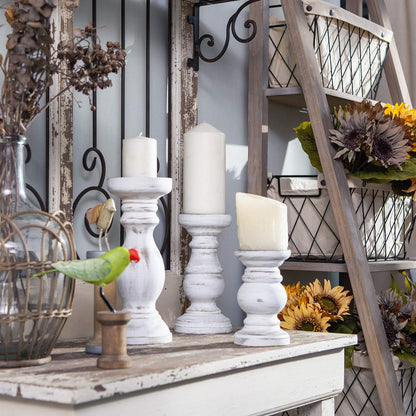NIKKY HOME Rustic Candle Holder Set of 3 - Farmhouse Wood Stand for Mantle & Dining Table | Distressed White