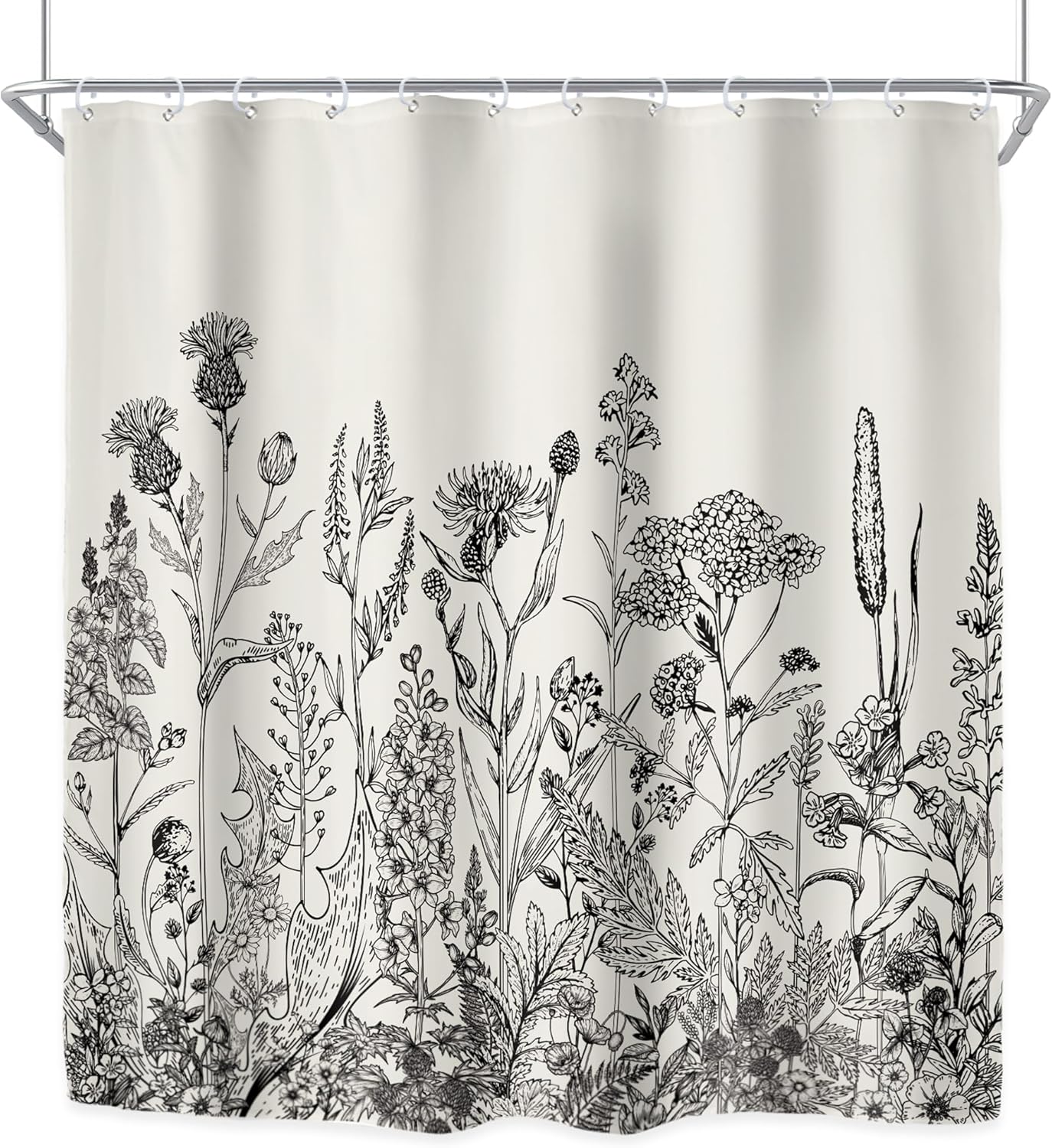 Riyidecor Wild Floral Shower Curtain 72Wx78H, Botanical Flower Plant Art Printed Fabric with Hooks