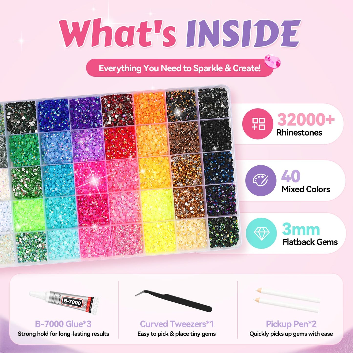 40 Colors Jelly Rhinestones for Bedazzling, 32000Pcs 3mm Flatback Gems for Diamond Art, Crystal Bedazzling Kit with 3Pcs B7000 Jewelry Glue for Nail Art Crafting Clothing Makeup Water Bottle