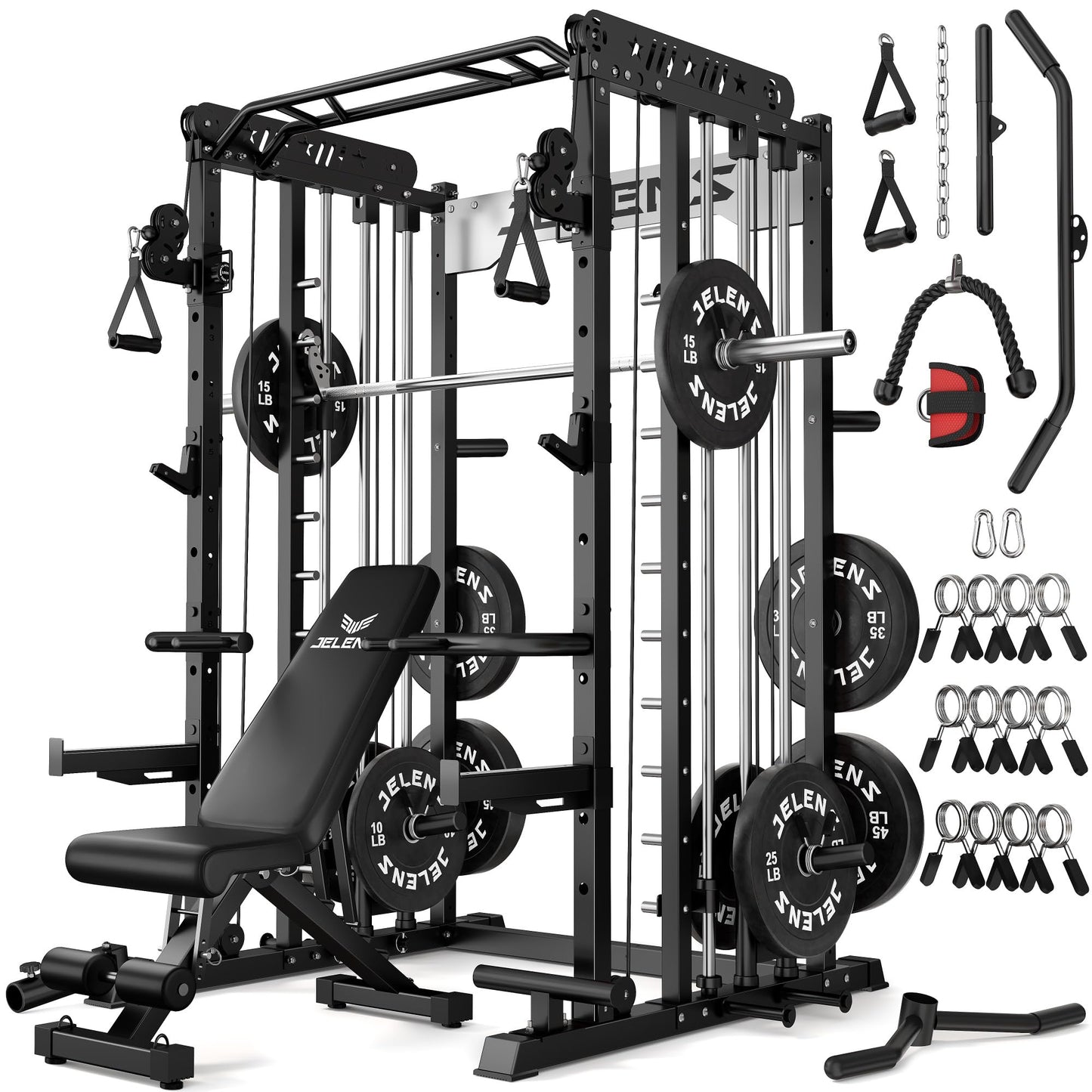 JELENS Smith Machine for Home Gym, Multi-Function M12 Power Cage, Squat Rack with Smith Bar and More Attachment (Black, 260LB Black Weights Package)
