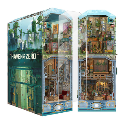 Tonecheer DIY Book Nook Kit for Adults, Wooden 3D Puzzle Bookend Diorama Bookshelf Insert Decor Fancy Books, Booknook Miniature House Kit with Dust Cover and Sensor LED (Haven Zero)