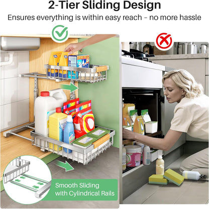 Under Sink Organizer by Skiennix - Stainless Steel 2-Tier Storage Solution | Pull-Out Cabinet Shelf