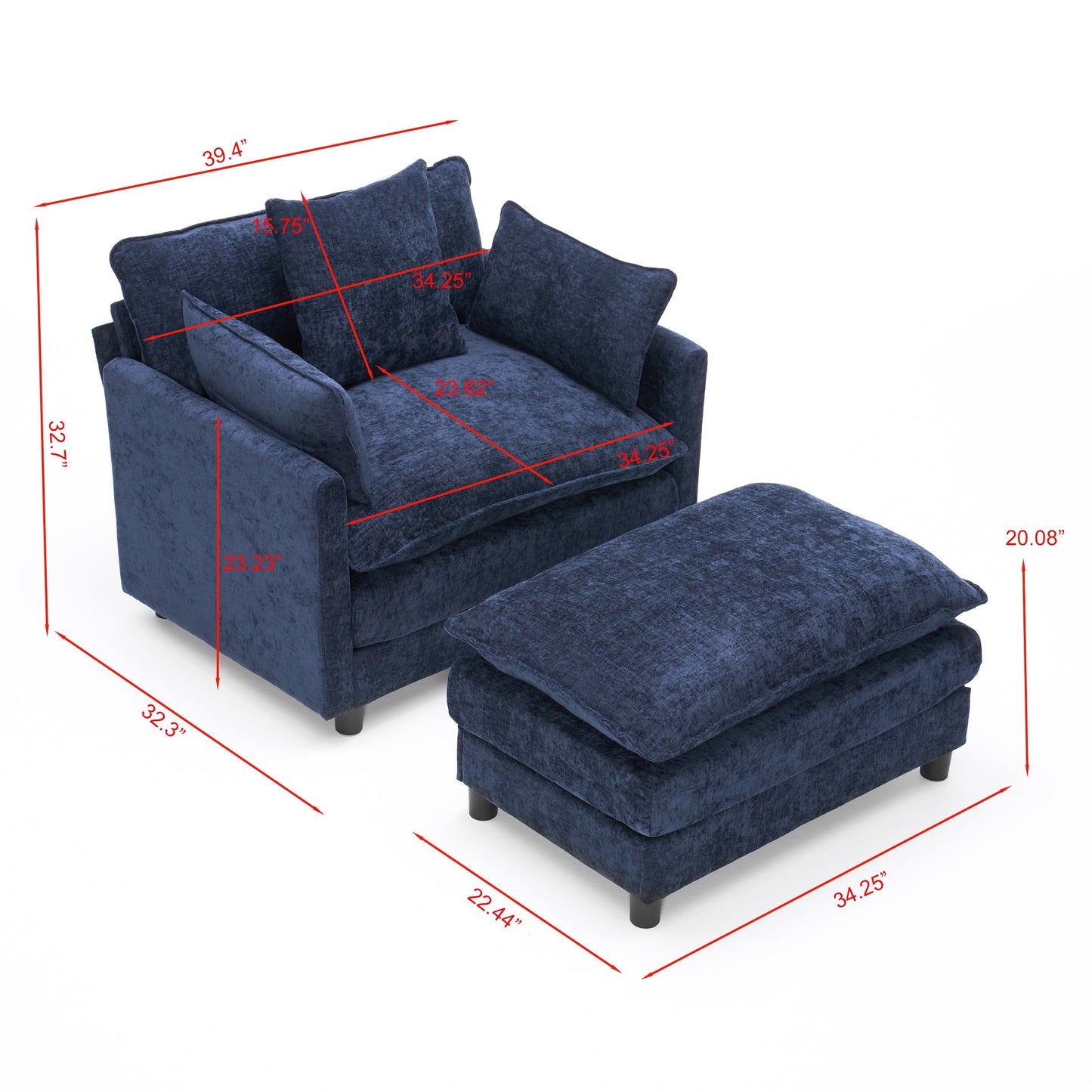 KEIKI Oversized Armchair with Ottoman, Chenille Upholstered Sofa Bed, Wide Accent Chair, Perfect for Living Room, Bedroom, Apartment, Blue
