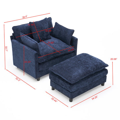 KEIKI Oversized Armchair with Ottoman, Chenille Upholstered Sofa Bed, Wide Accent Chair, Perfect for Living Room, Bedroom, Apartment, Blue