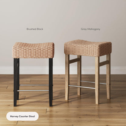 Nathan James Harvey Rattan Bar Stool, Bohemian Counter Height Stool with Woven Seagrass Seat, Solid Wood Legs, and Metal Footrest Seagrass/Brushed Black, Set of 2