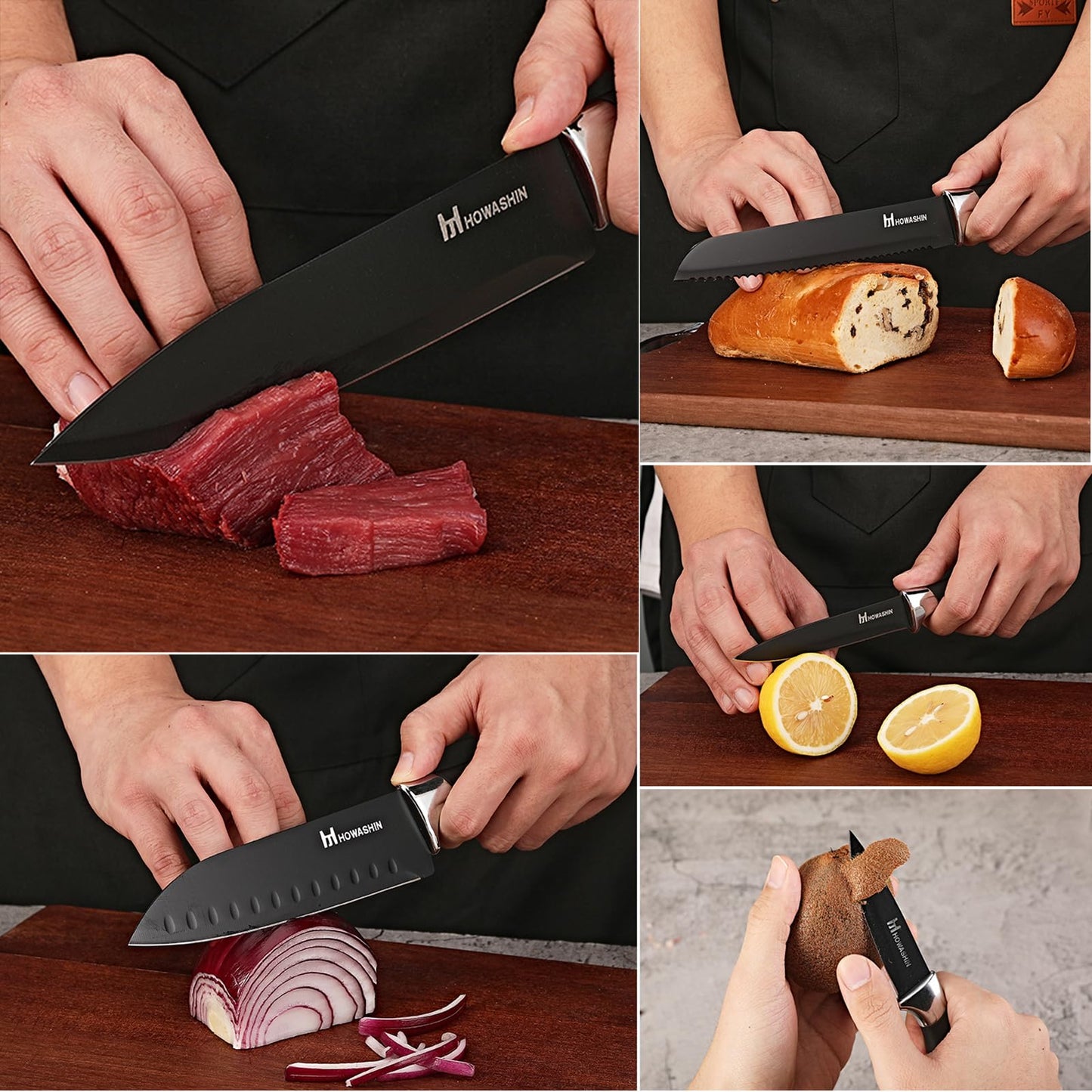 Black Knife Set, Howashin 15 Pieces Knife Sets for Kitchen with Block, Dishwasher Safe Kitchen Knife Set with Sharpener, German Stainless Steel Black Knife Block Set
