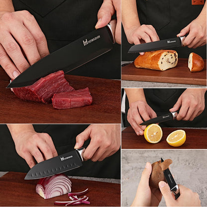 Black Knife Set, Howashin 15 Pieces Knife Sets for Kitchen with Block, Dishwasher Safe Kitchen Knife Set with Sharpener, German Stainless Steel Black Knife Block Set