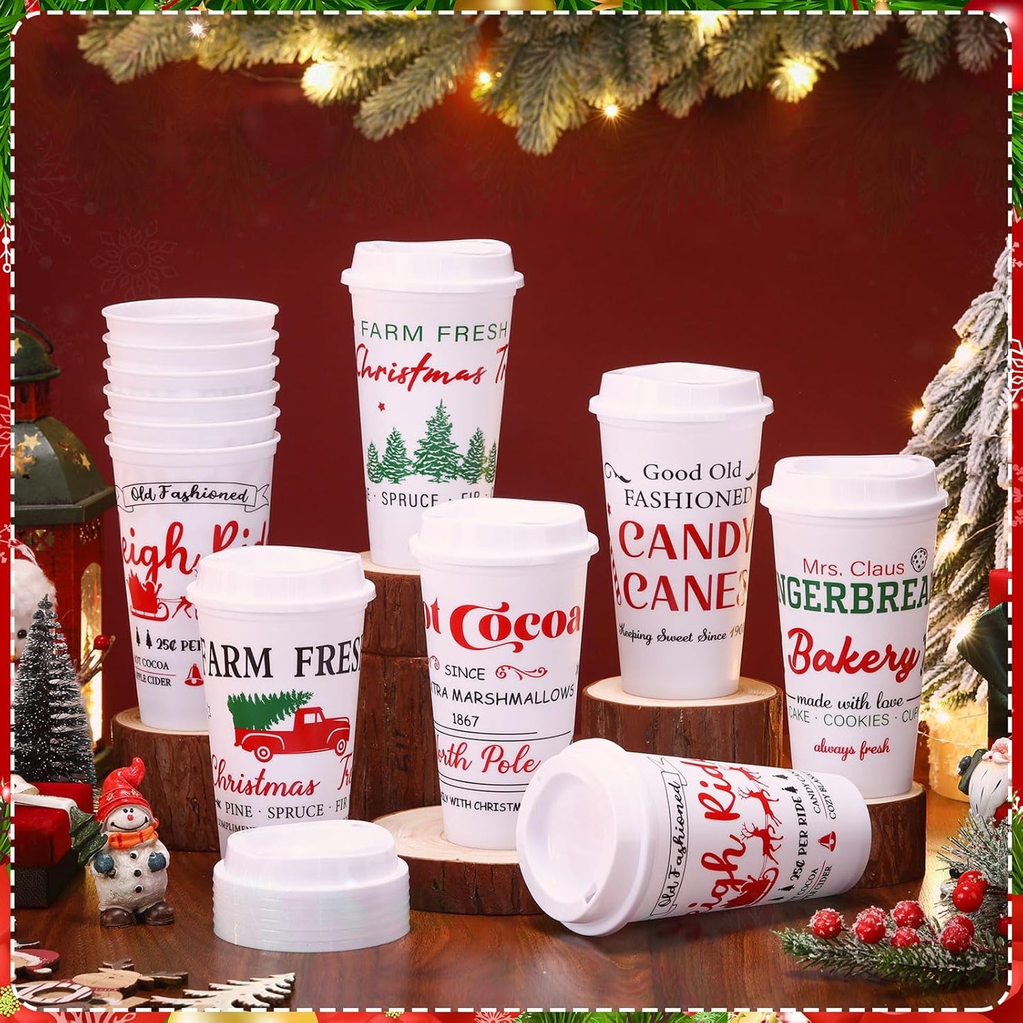 16 oz Winter(12 Cocoa,2.33.56.3 Inches) Tioncy Hot Chocolate Bar Supplies Christmas Reusable Coffee Cups Gift with Lids