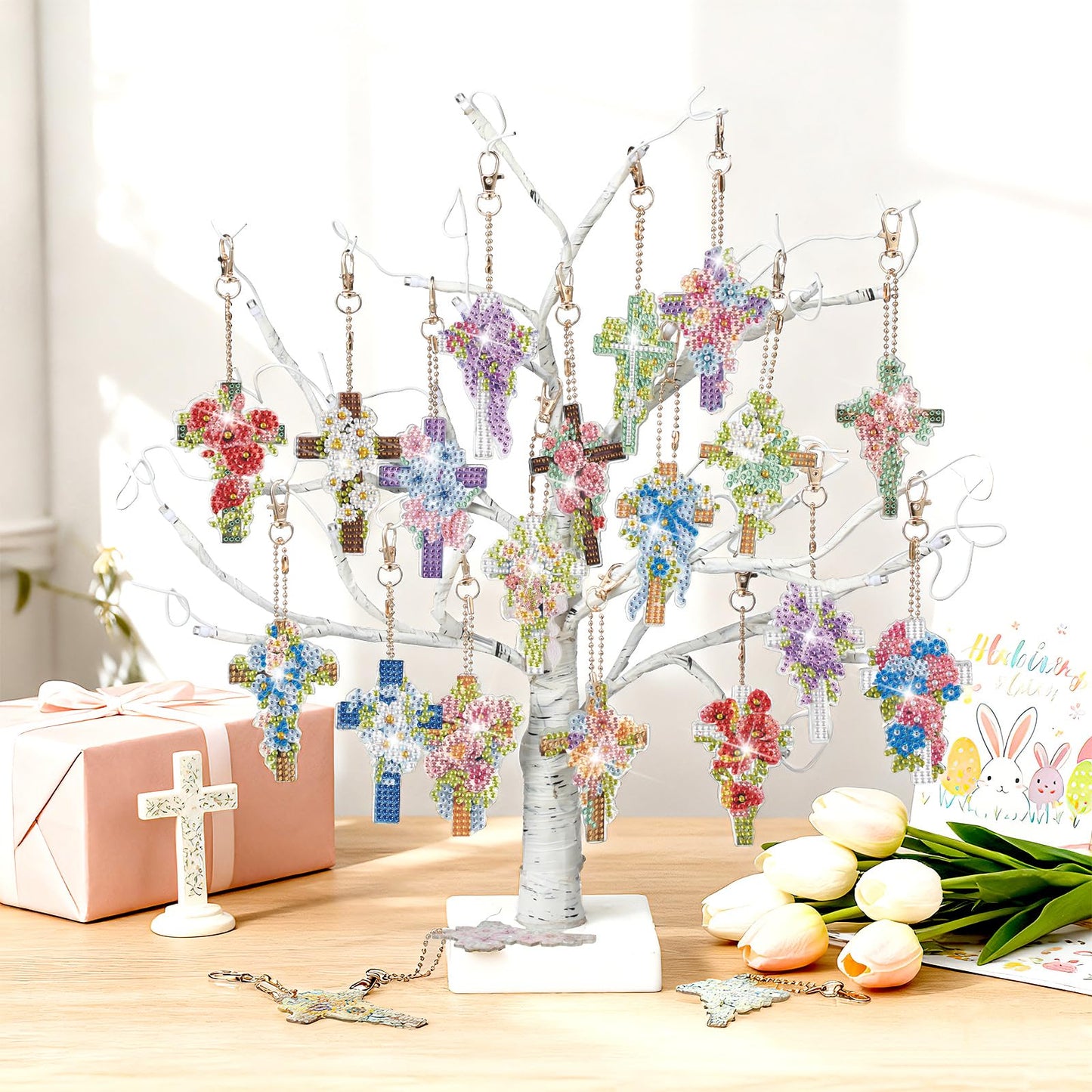 Huquary 30 Pcs Easter Diamond Art Keychains Cross Flower Diamond Painting Keychain Kits for Aldults Double Sided 5d Rhinestones Christian Hanging Key Chains for Beginners DIY Crafts Spring Party Gift