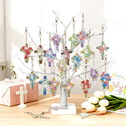 Huquary 30 Pcs Easter Diamond Art Keychains Cross Flower Diamond Painting Keychain Kits for Aldults Double Sided 5d Rhinestones Christian Hanging Key Chains for Beginners DIY Crafts Spring Party Gift