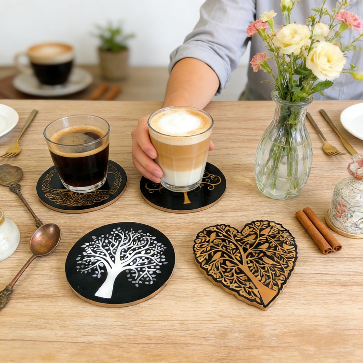 Tree of Life Silicone Resin kit, Round and Heart Coaster Resin molds Silicone, 4-Piece Epoxy Molds for Cup Mats, Table Decorations