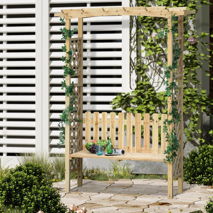 Wooden Garden Arbor for Climbing Plants with Garden Bench, Garden Arch to Grow Grapes & Vines, Patio Decor & 2-Person Outdoor Wood Decorative Seating, Natural