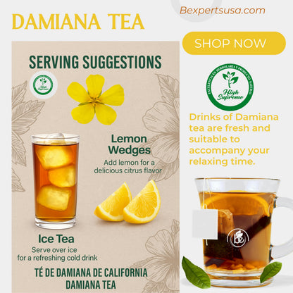 Damiana Herbal Tea – 100% Turnera diffusa – 25 Tea Bags – Natural Caffeine-Free Infusion – Traditional Herbal Beverage – Té de Damiana de California – Hecho en México