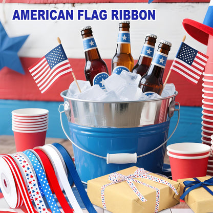 DECYOOL Patriotic Ribbon, 6 Rolls 60 Yards 4th of July Ribbons 10 mm Wide Red White Blue Grosgrain Ribbon Patriotic Stars Stripes Fabric Ribbon for Gift Wrapping DIY Crafts