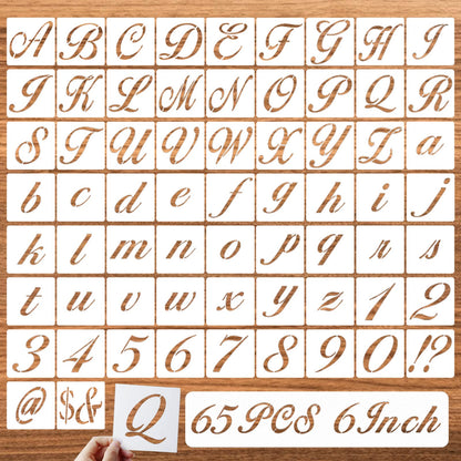 DZXCYZ 6 Inch Letter Symbol Stencils for Painting on Wood, 65 Pcs Alphabet Drawing Templates with Calligraphy Large Font and Cursive Letters Numbers Signs, Reusable Plastic Art Craft Stencils