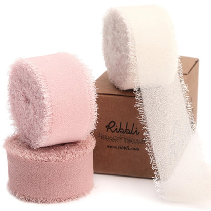 Ribbli Pink Ribbon 1 Inch x 3 Rolls Total 24 Yards Cream/Blush Pink/Rose Gold Handmade Fringe Chiffon Silk Ribbon for Wrapping Wedding Invitations Bridal Bouquets DIY Crafts Home Decor