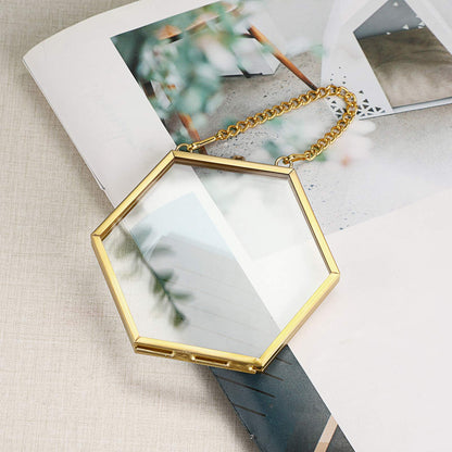 JUXYES 4 Pack Hexagon Mini Wall Hanging Brass Frames for Pressed Flowers, Double Glass Hanging Picture Artwork Display Frame, Gold Floating Style Gallery Wall Frame for Picture, Poster, etc