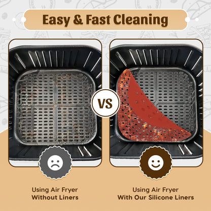 Reusable Square Silicone Air Fryer Liners (8.5 Inch, 3 Pack) by Linda’s Essentials - Non-Stick, Easy-Clean Accessories with Cheat Sheet & Recipe Book, Perfect for Quick Meals