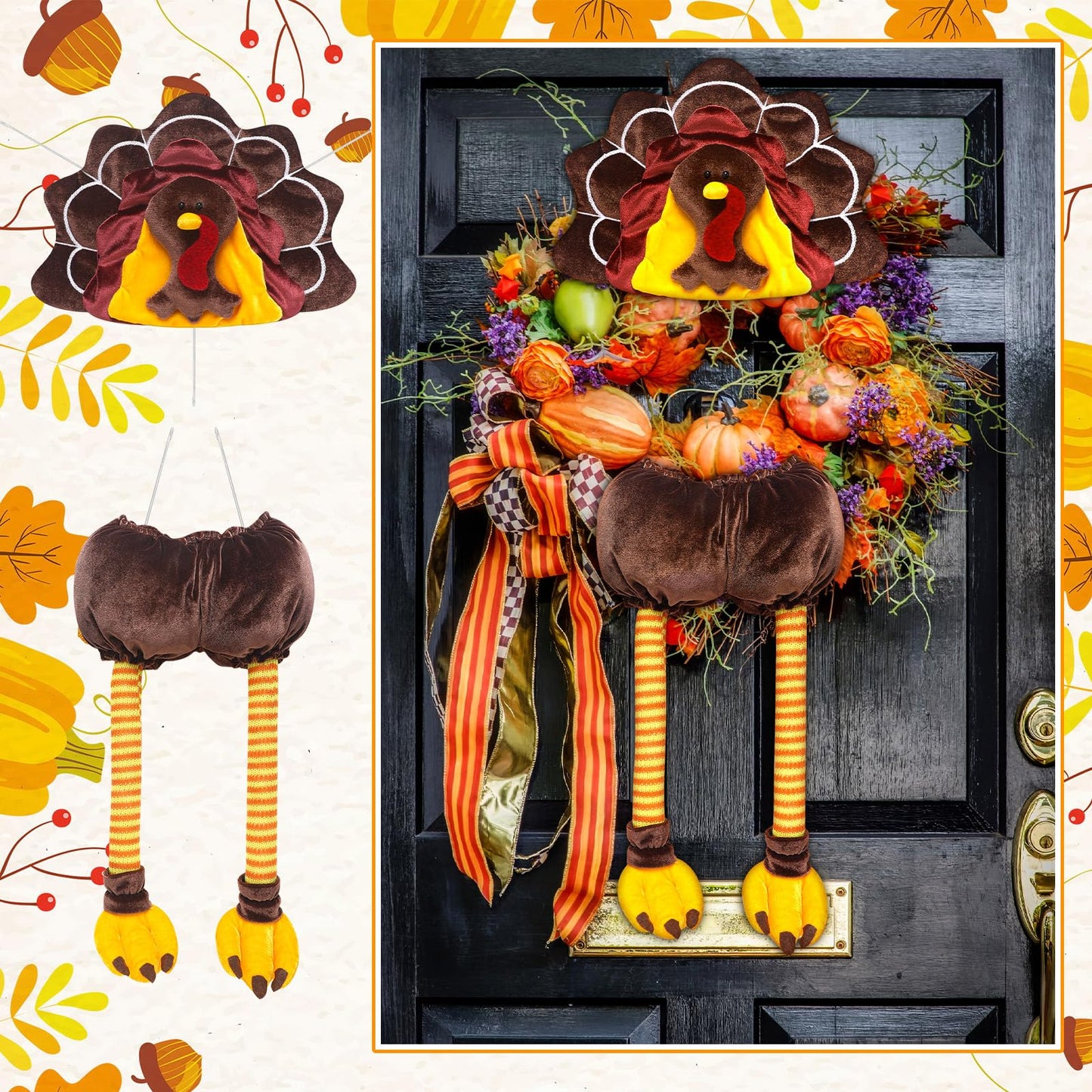 Breathffy Turkey Thanksgiving Head Tail Legs Plush Wreath Embellishment Kit 2 Pieces for Fall Events Thanksgiving Party Family Gatherings Holiday Decorations 27 Inches High