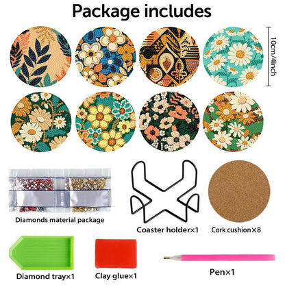 Reivworl 8 Pcs Flowers Diamond Art Coasters Kits, Flowers Diamond Art Kits for Adults, 5D Diamond Painting Coasters (4x4 Inch, with Holder Cork Pads)