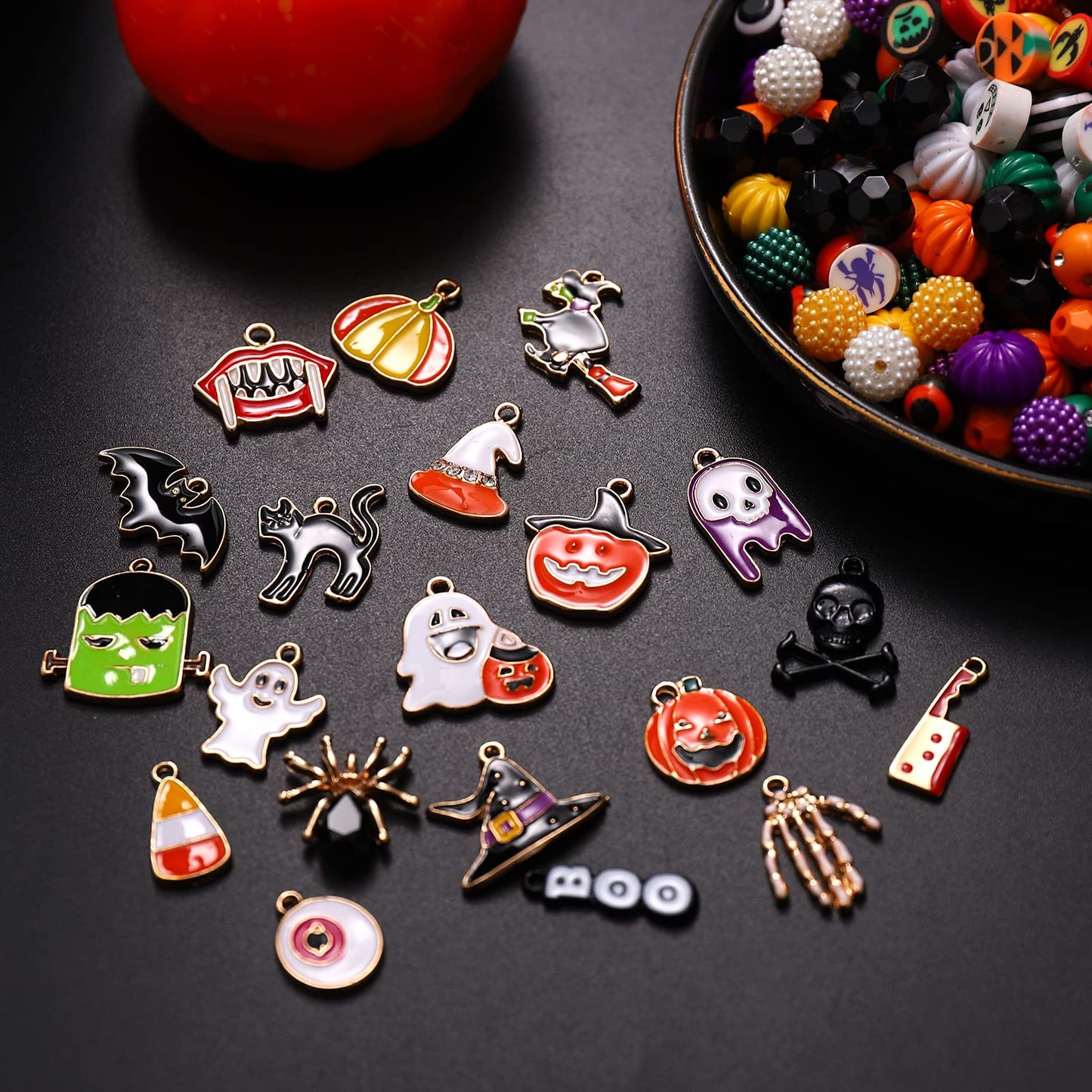 2200PCS+ Halloween Beads Charms for Jewelry Making Polymer Clay Beads Pumpkin Skull Evil Eye Beads Enamel Ghost Spider Charms for DIY Bracelet Necklace Earrings